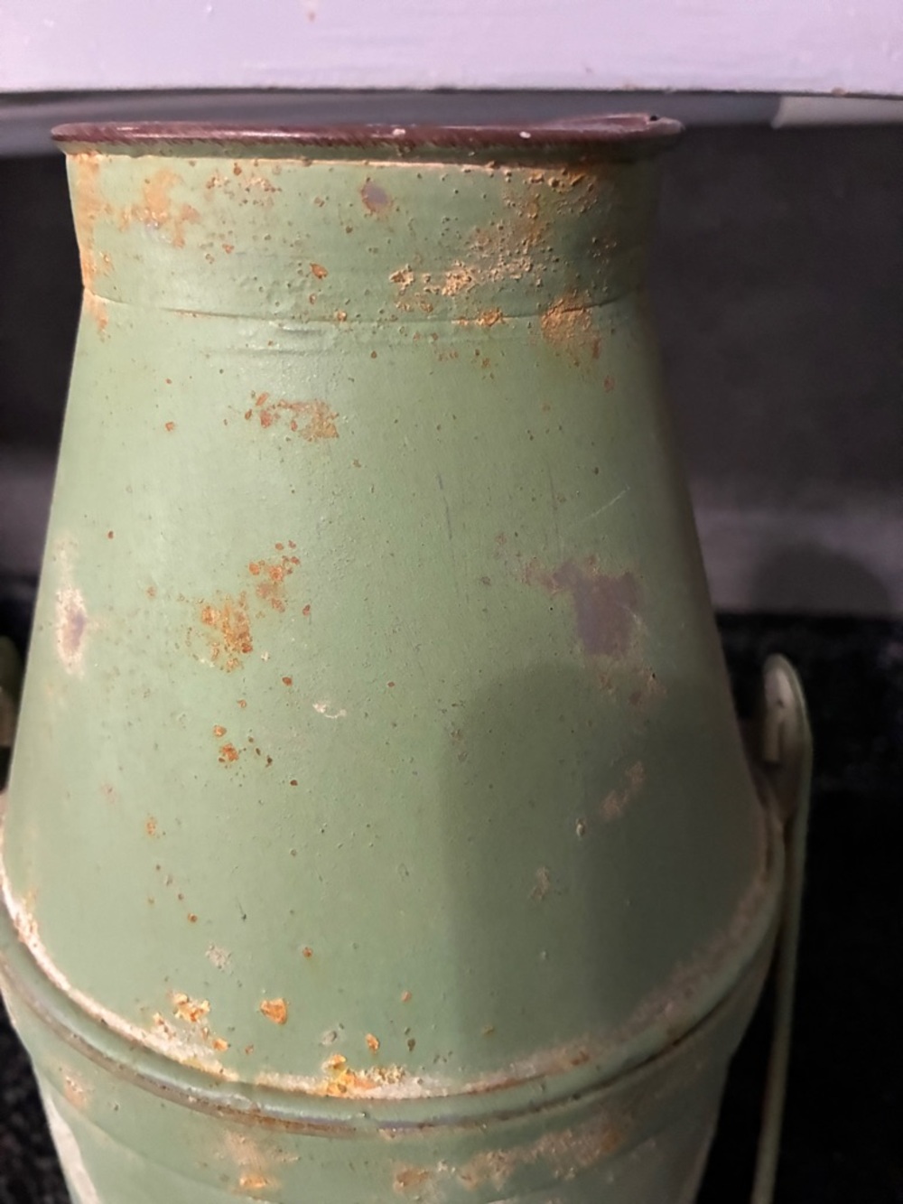 Vintage Green Metal Canister with Rustic French Emblem 13.5” x 5” - Picture 3 of 9
